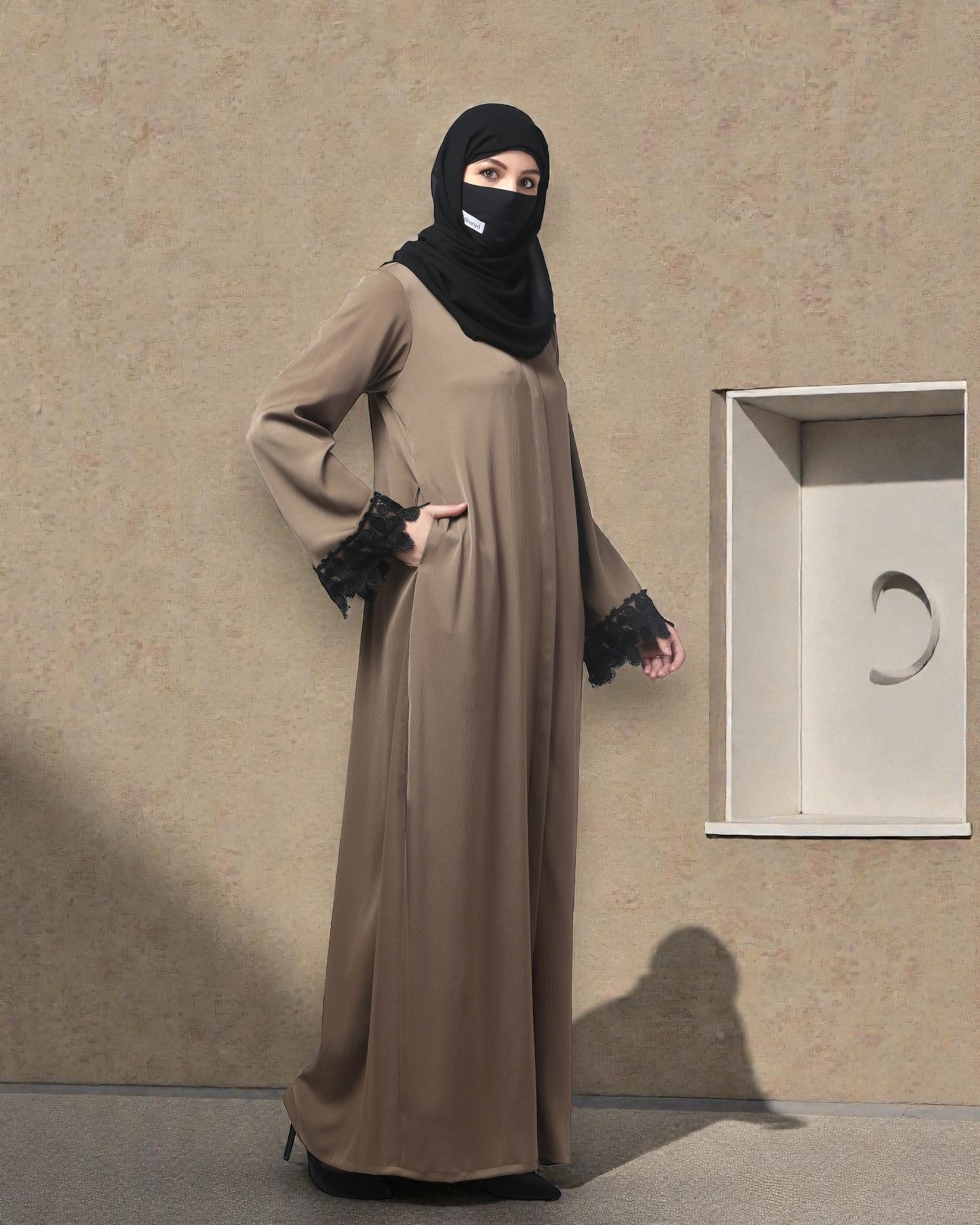 Front Open Abaya in Tiktok Polyester – Silky Elegance with Lace Accents