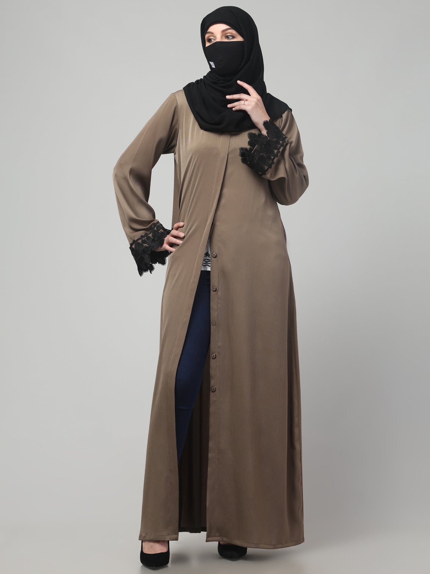 Front Open Abaya in Tiktok Polyester – Silky Elegance with Lace Accents