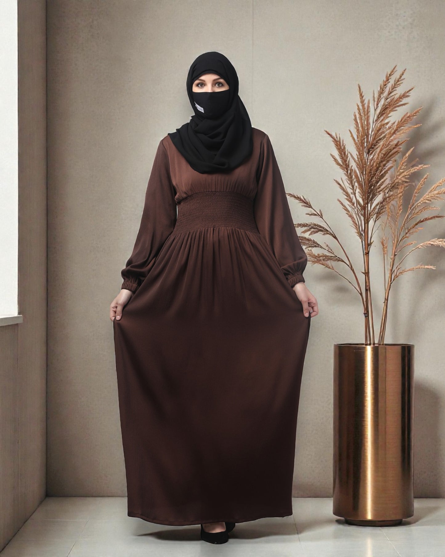 Inner For Abaya in Tiktok Fabric with Smocked Waist & Sleeves To be Worn With A Proper Abaya