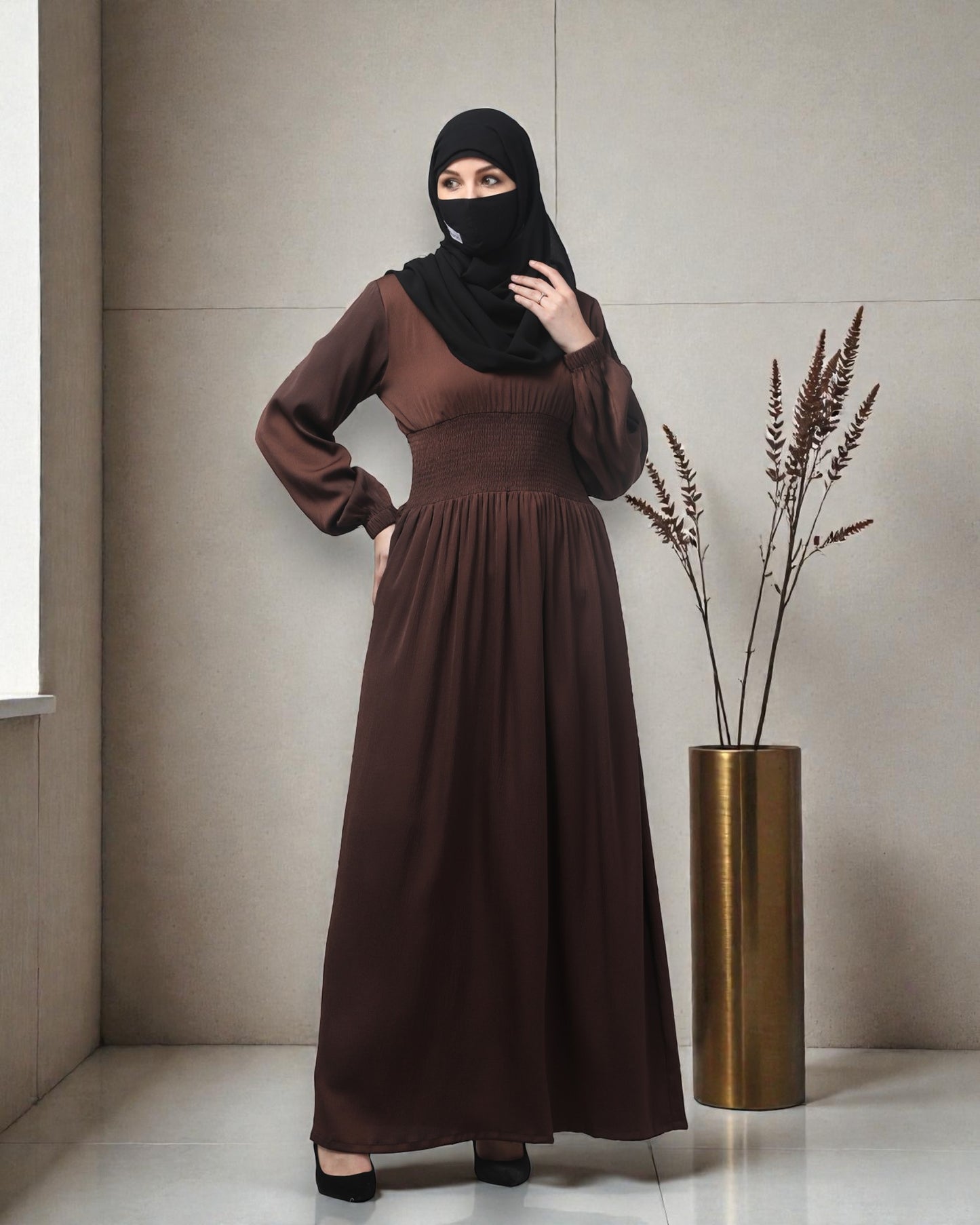 Inner For Abaya in Tiktok Fabric with Smocked Waist & Sleeves To be Worn With A Proper Abaya