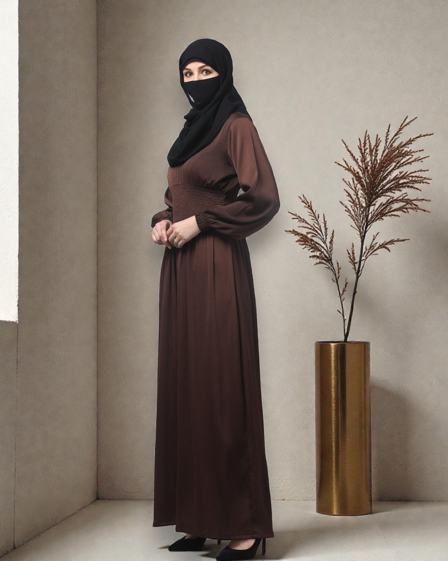 Inner For Abaya in Tiktok Fabric with Smocked Waist & Sleeves To be Worn With A Proper Abaya