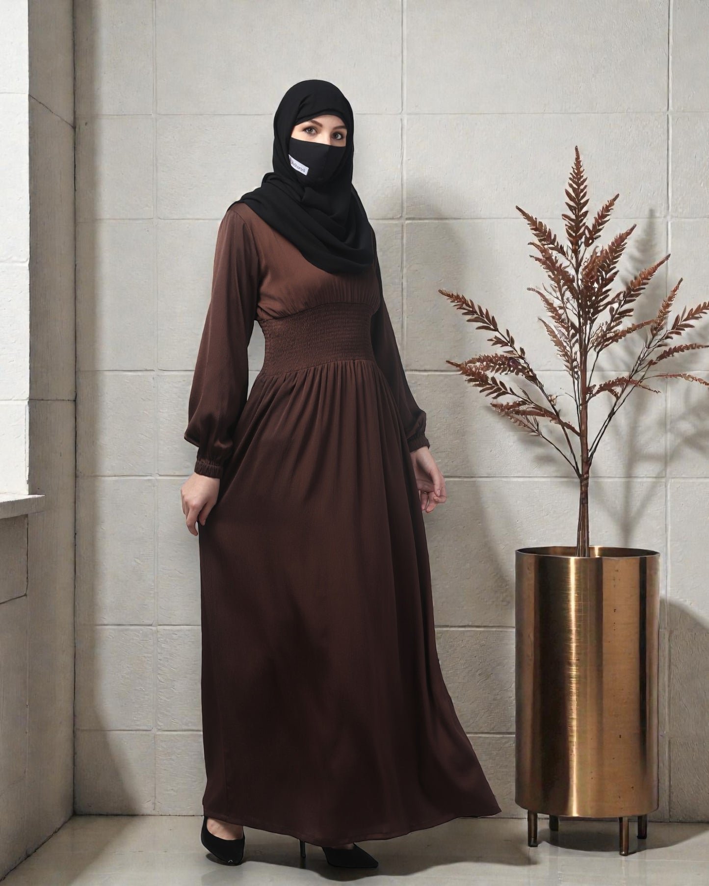 Inner For Abaya in Tiktok Fabric with Smocked Waist & Sleeves To be Worn With A Proper Abaya