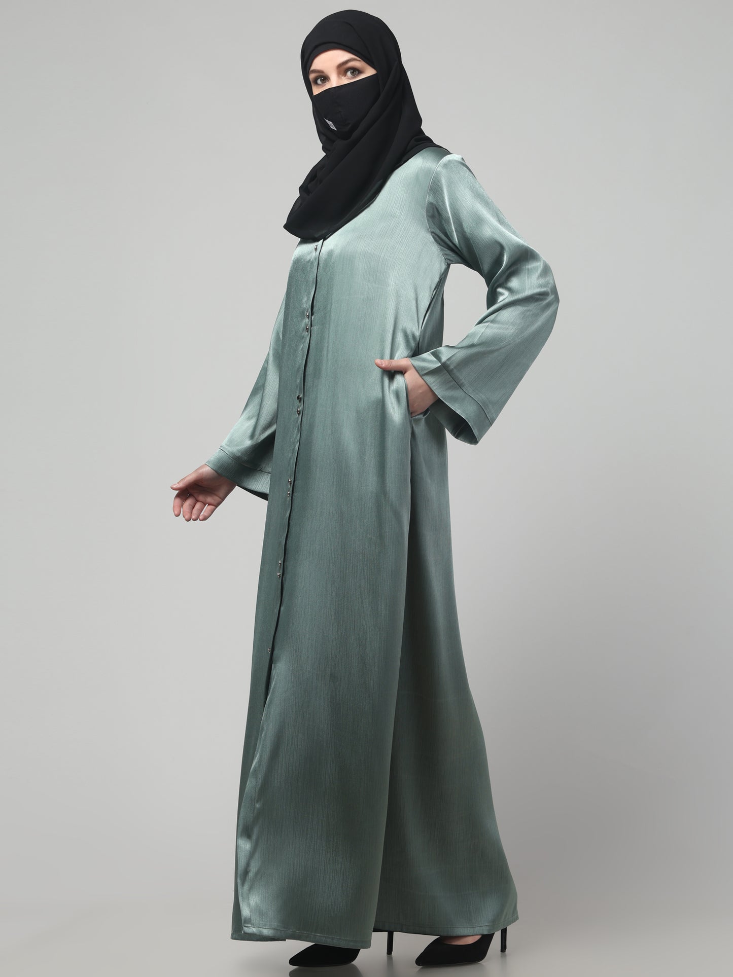 Front Open Abaya in Cadbury Silk Fabric – Lustrous Shine & Elegant Draping