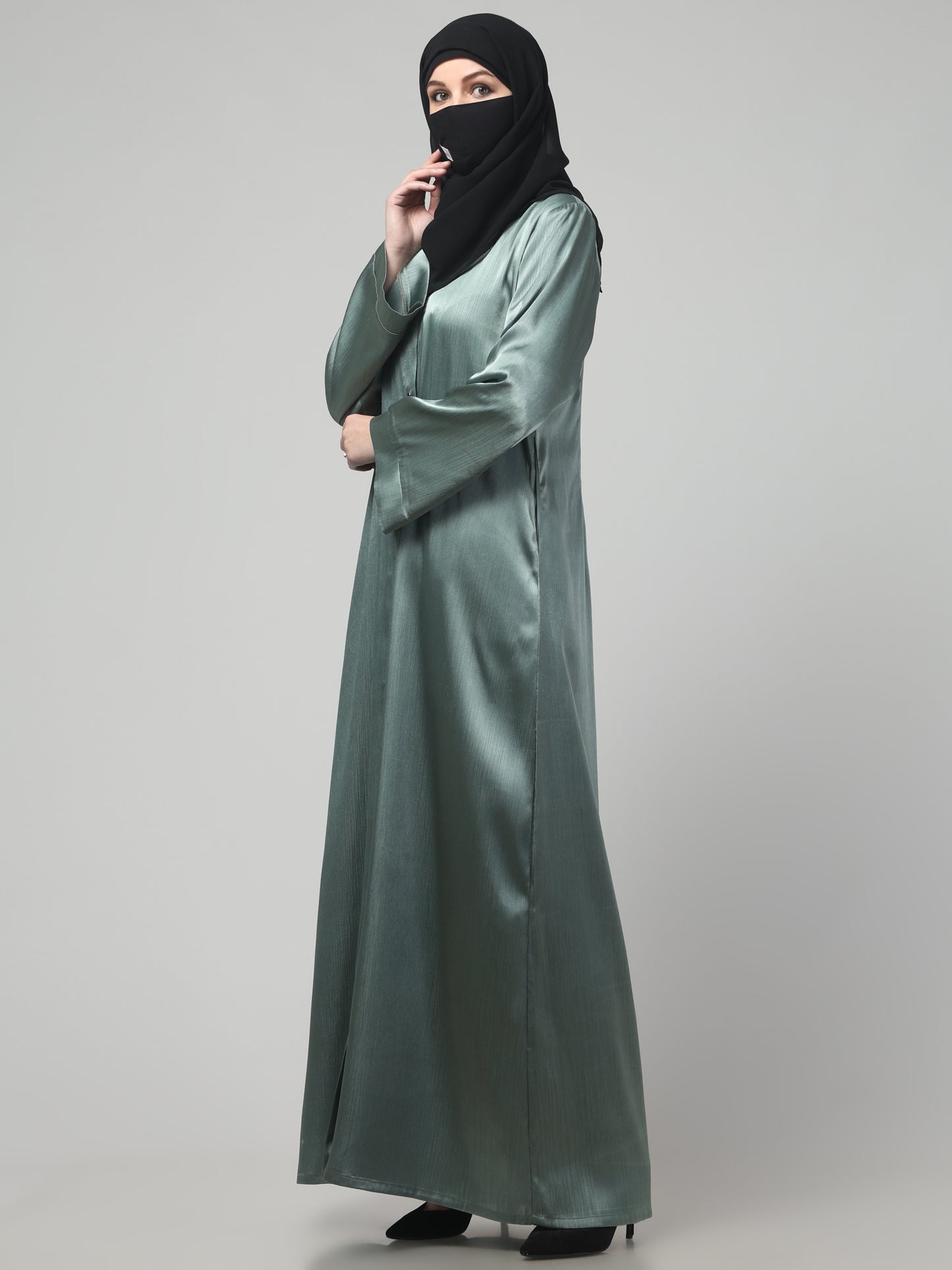 Front Open Abaya in Cadbury Silk Fabric – Lustrous Shine & Elegant Draping