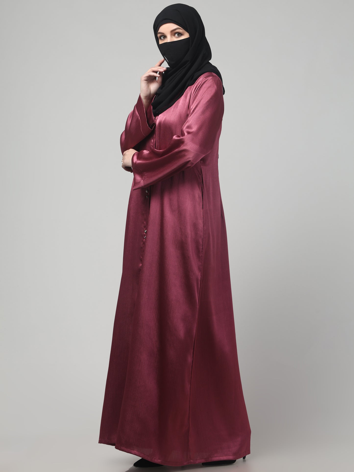 Front Open Abaya in Cadbury Silk Fabric – Lustrous Shine & Elegant Draping