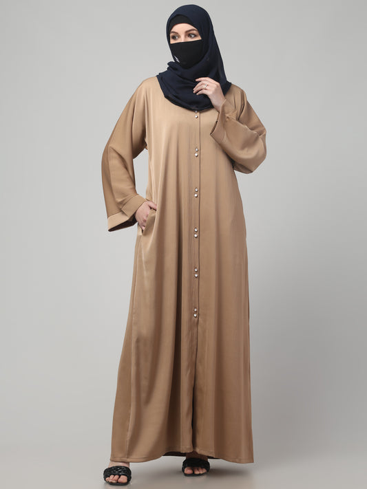 Front Open Tiktok Abaya with Round Neck & Flared Sleeves.