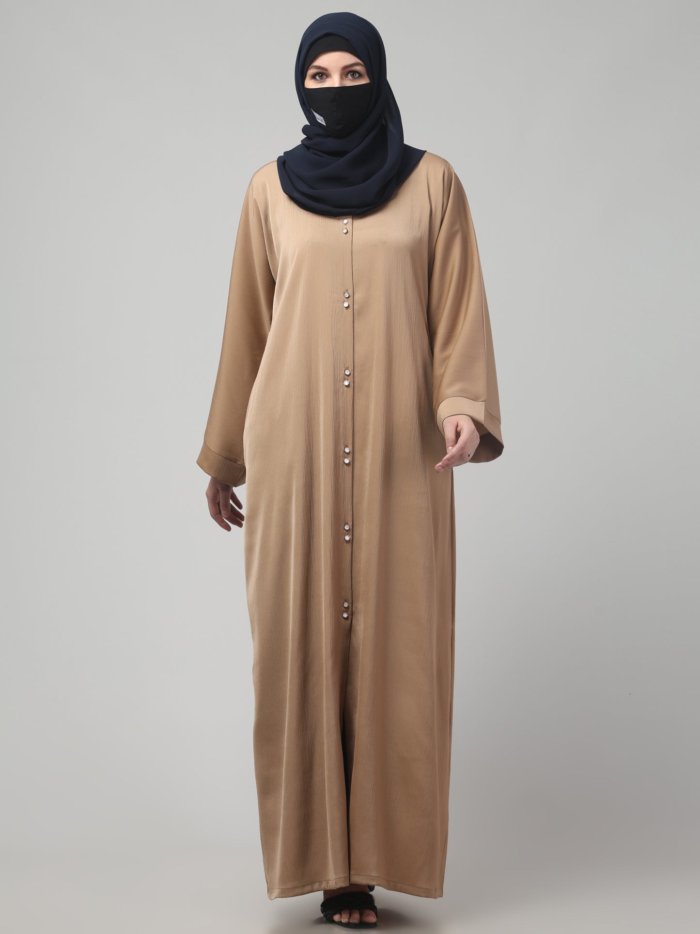 Front Open Tiktok Abaya with Round Neck & Flared Sleeves.