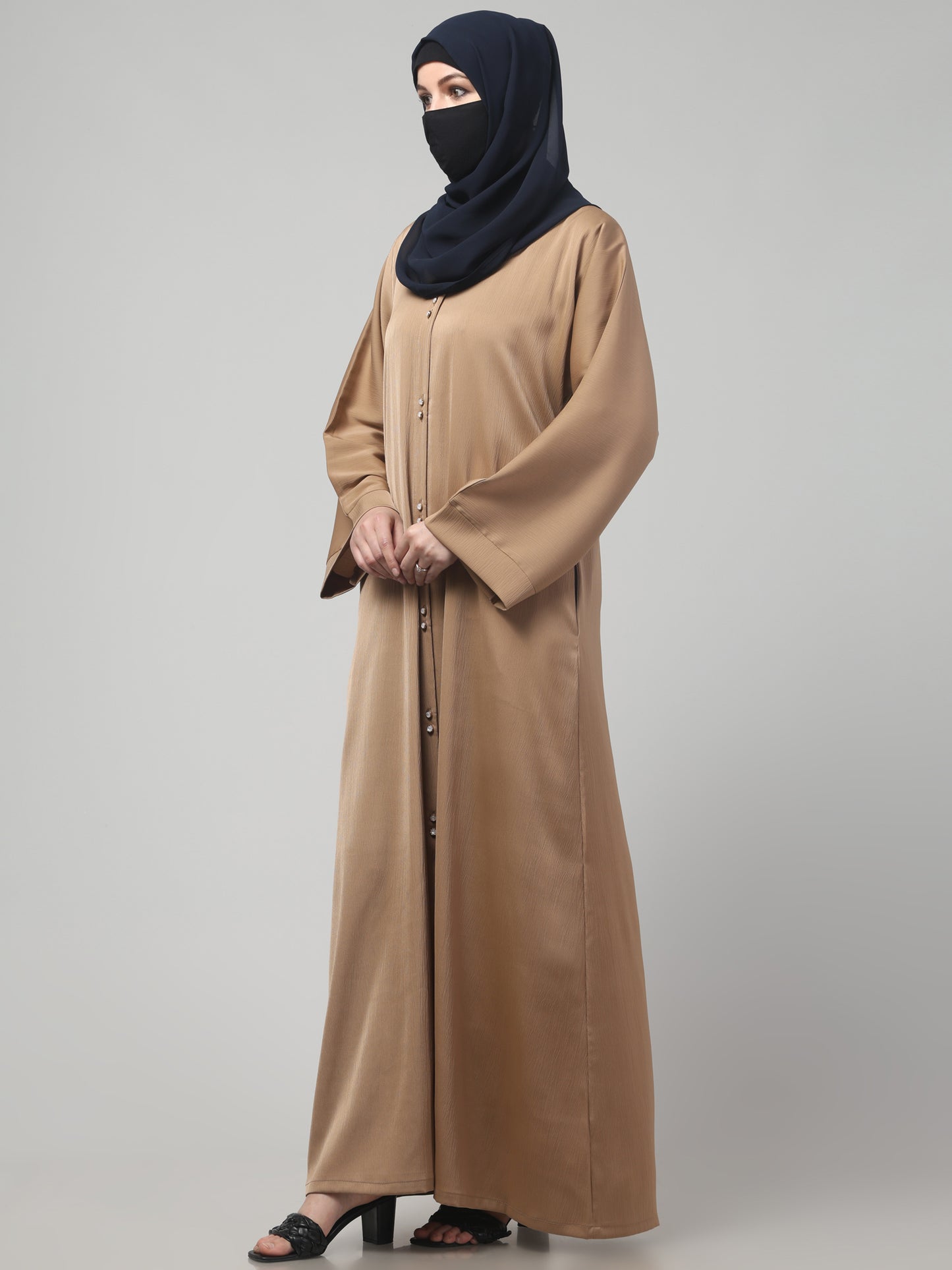 Front Open Tiktok Abaya with Round Neck & Flared Sleeves.