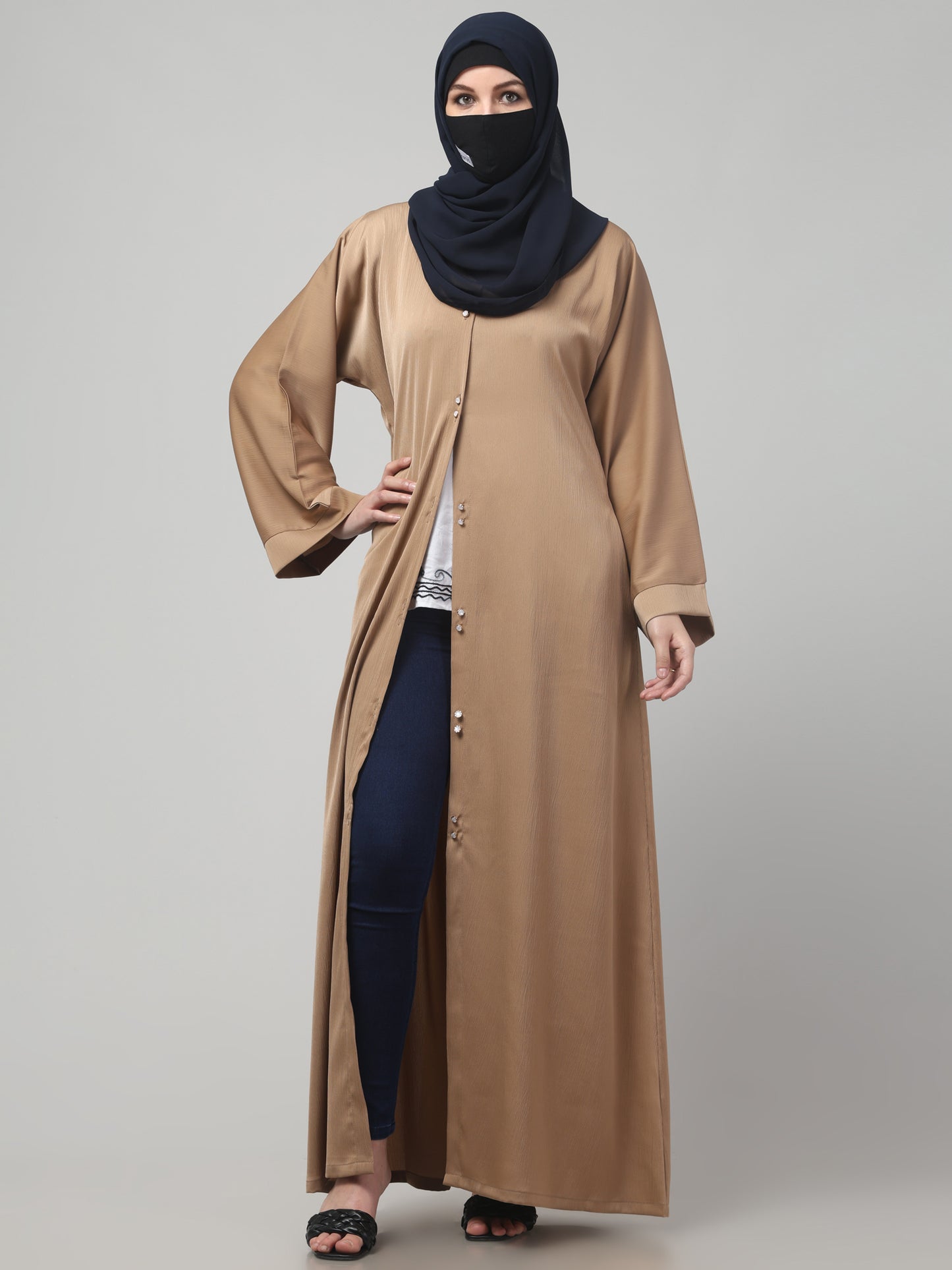 Front Open Tiktok Abaya with Round Neck & Flared Sleeves.