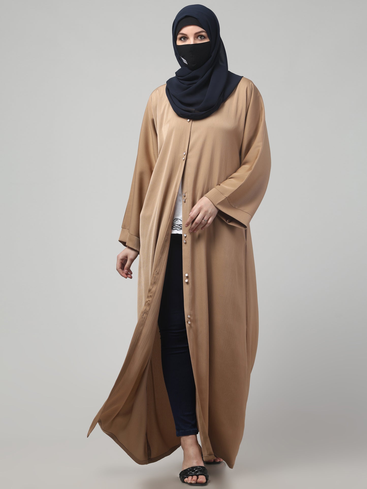 Front Open Tiktok Abaya with Round Neck & Flared Sleeves.