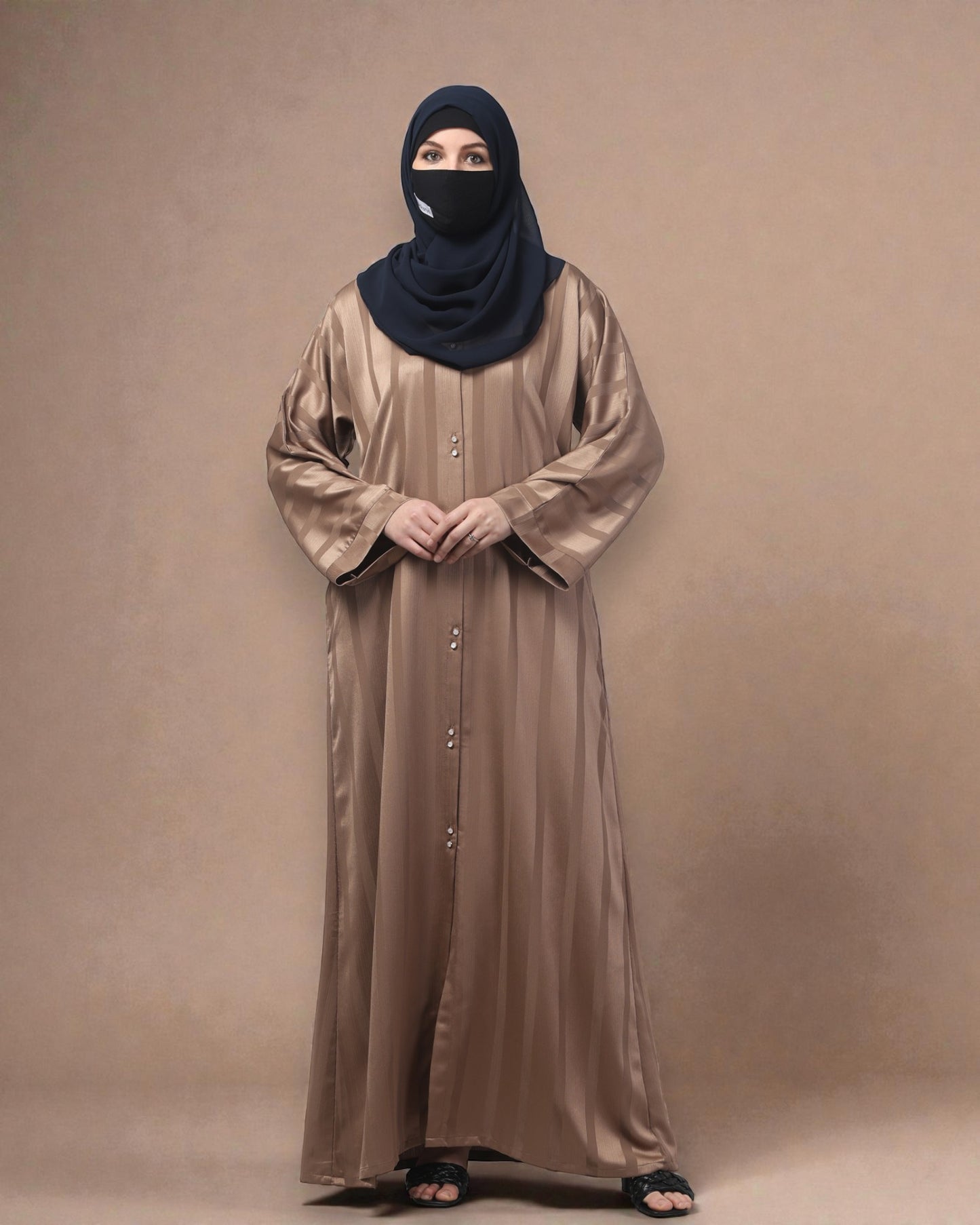 Front Open Abaya in Zoom Elegance Fabric – White Stripes & Modern Grace