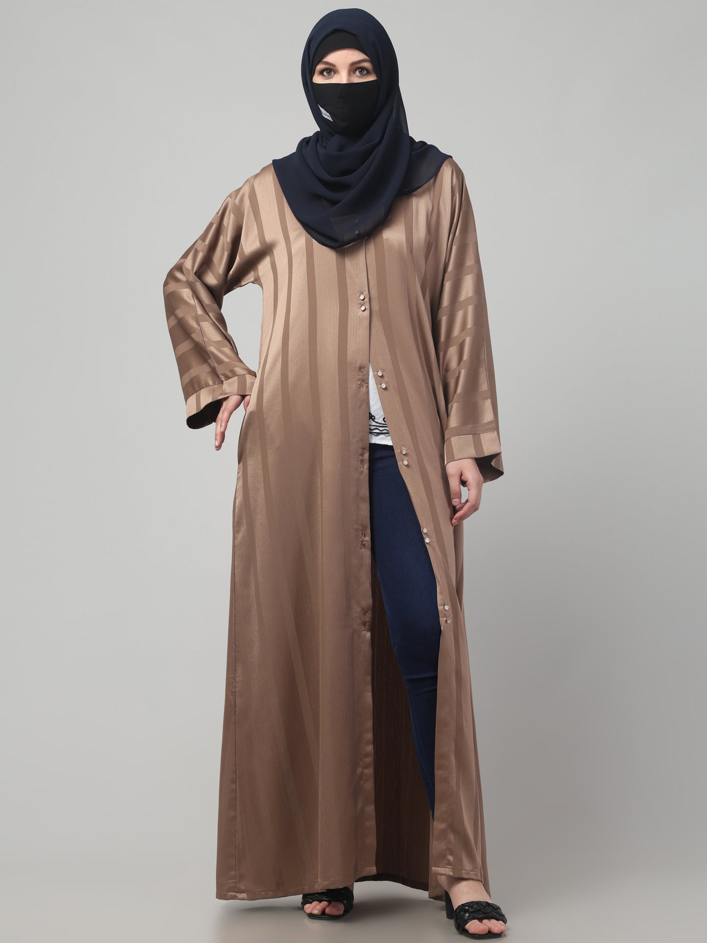 Front Open Abaya in Zoom Pro Fabric – Subtle Stripes & Effortless Grace