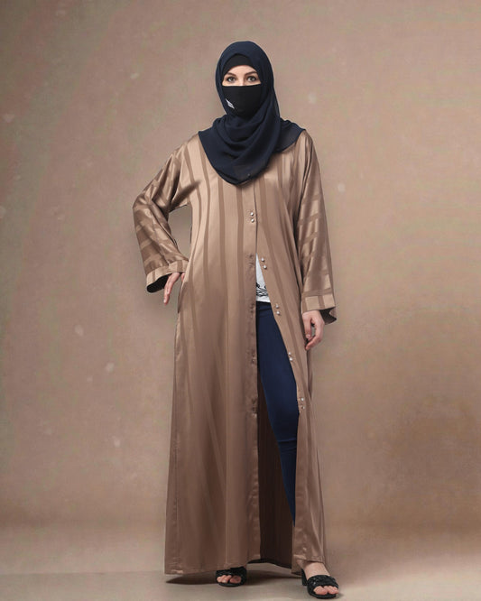 Front Open Abaya in Zoom Elegance Fabric – White Stripes & Modern Grace