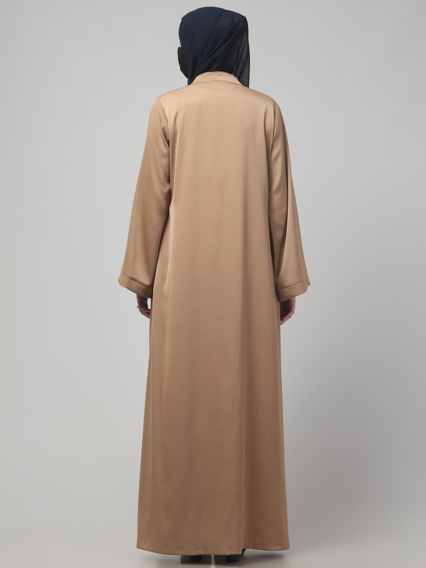 Front Open Abaya In Premium Tiktok Fabric with V-Neck & Flared Sleeves.