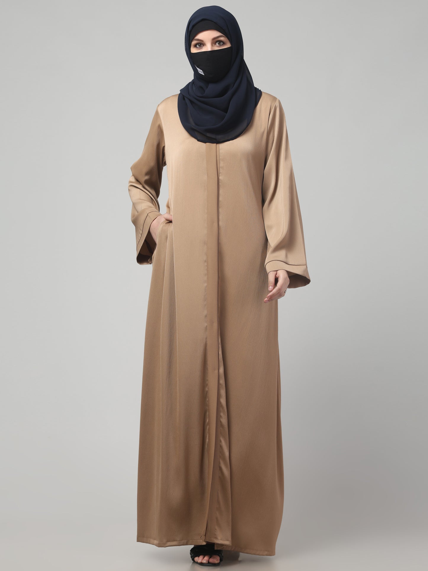 Front Open Abaya In Premium Tiktok Fabric with V-Neck & Flared Sleeves.
