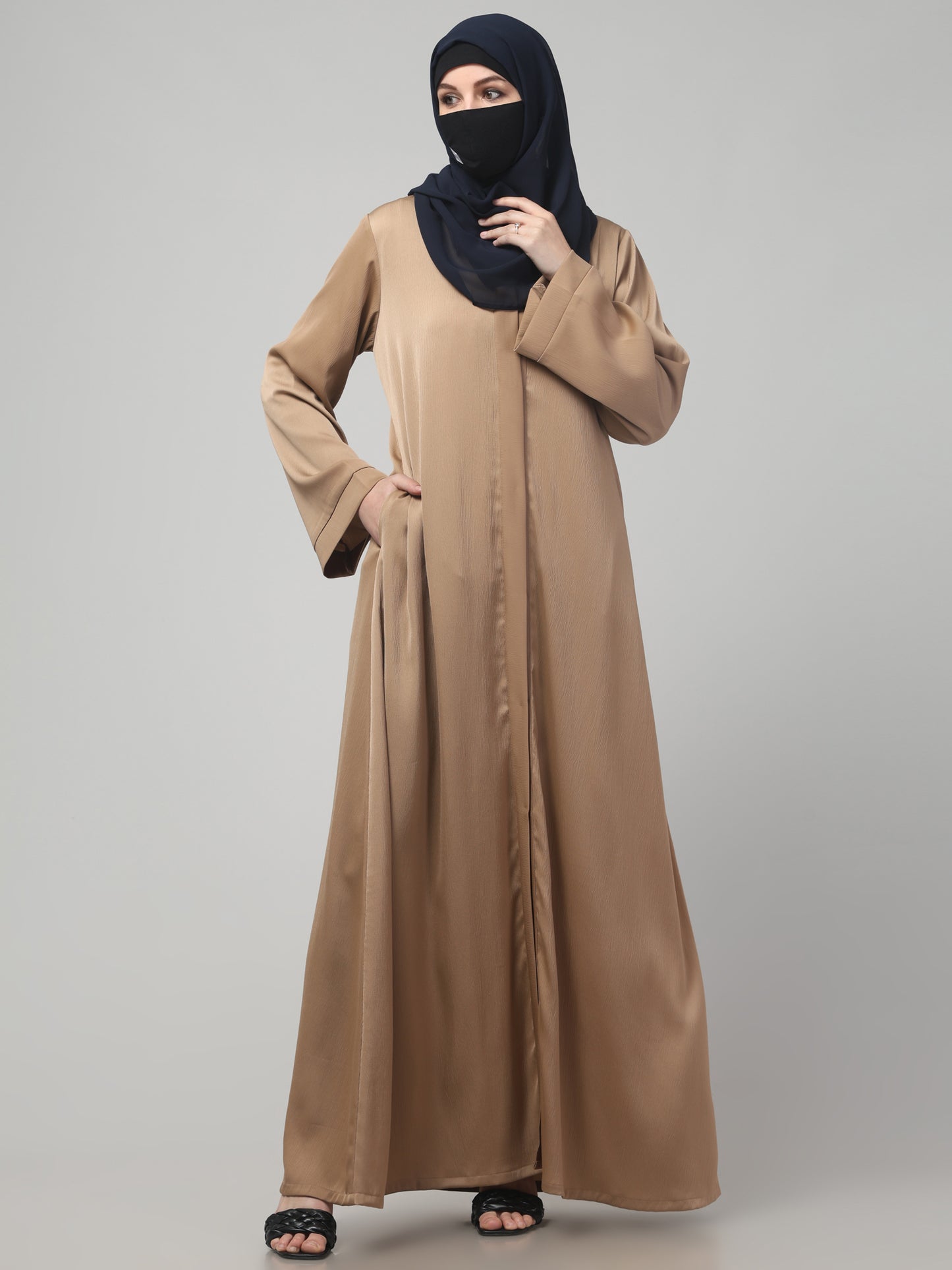 Front Open Abaya In Premium Tiktok Fabric with V-Neck & Flared Sleeves.