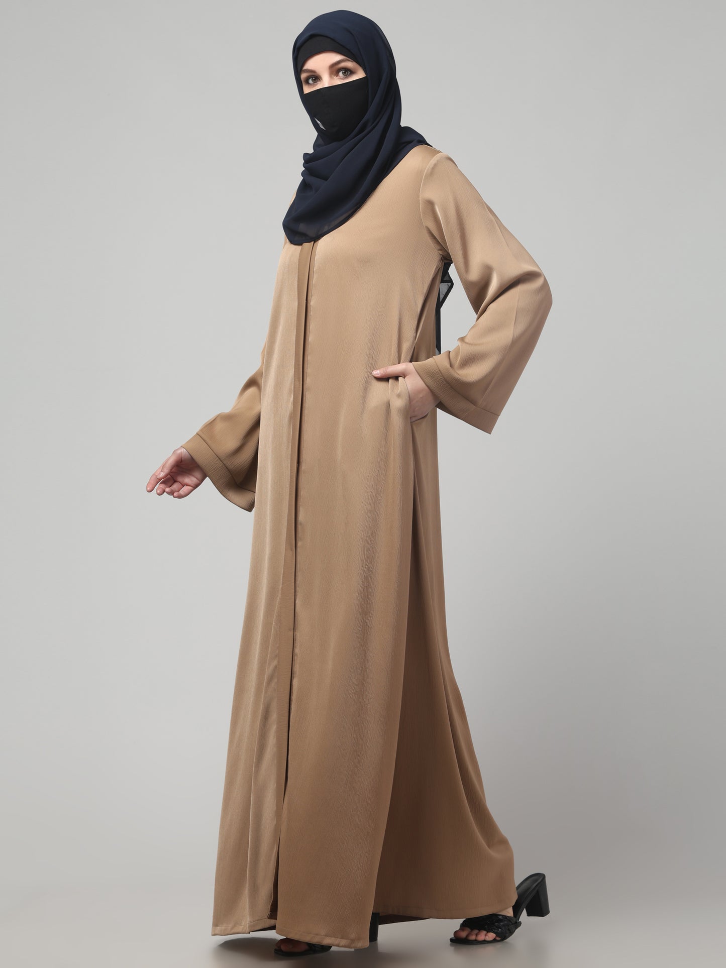 Front Open Abaya In Premium Tiktok Fabric with V-Neck & Flared Sleeves.