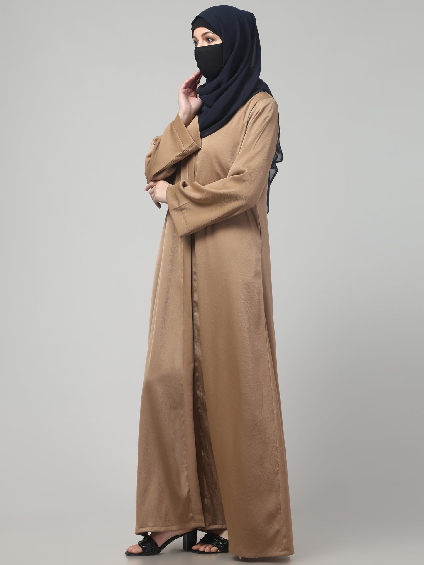 Front Open Abaya In Premium Tiktok Fabric with V-Neck & Flared Sleeves.