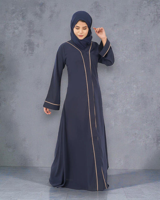 Front Open Abaya in Firdaus Fabric with Contrast Piping, Snap Buttons, Wide Sleeves & V-Neck