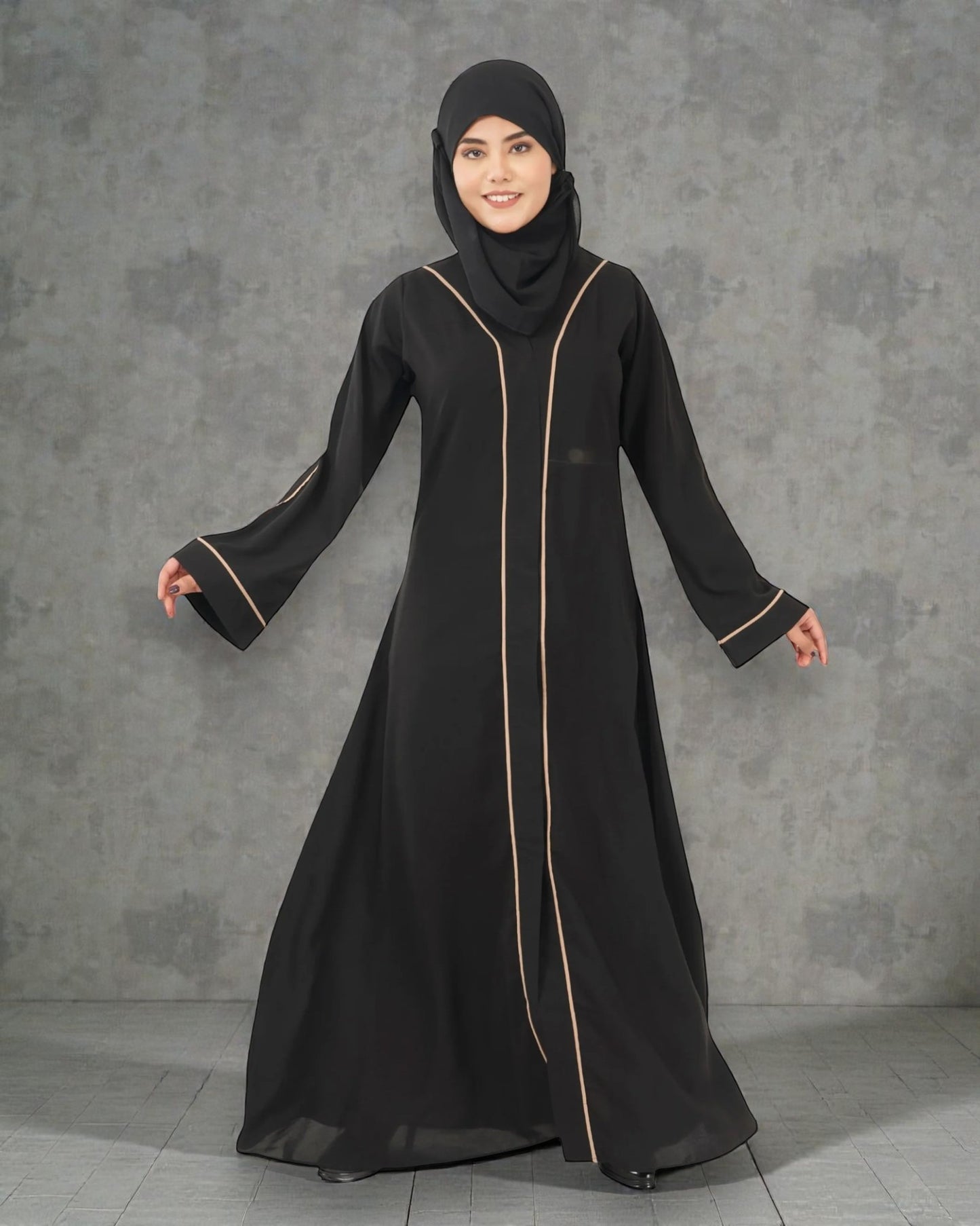 Front Open Abaya in Firdaus Fabric with Contrast Piping, Snap Buttons, Wide Sleeves & V-Neck