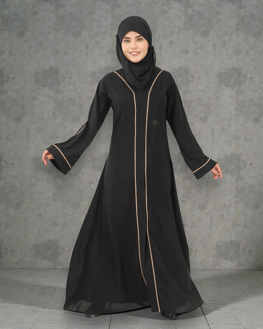 Front Open Abaya in Firdaus Fabric with Contrast Piping, Snap Buttons, Wide Sleeves & V-Neck
