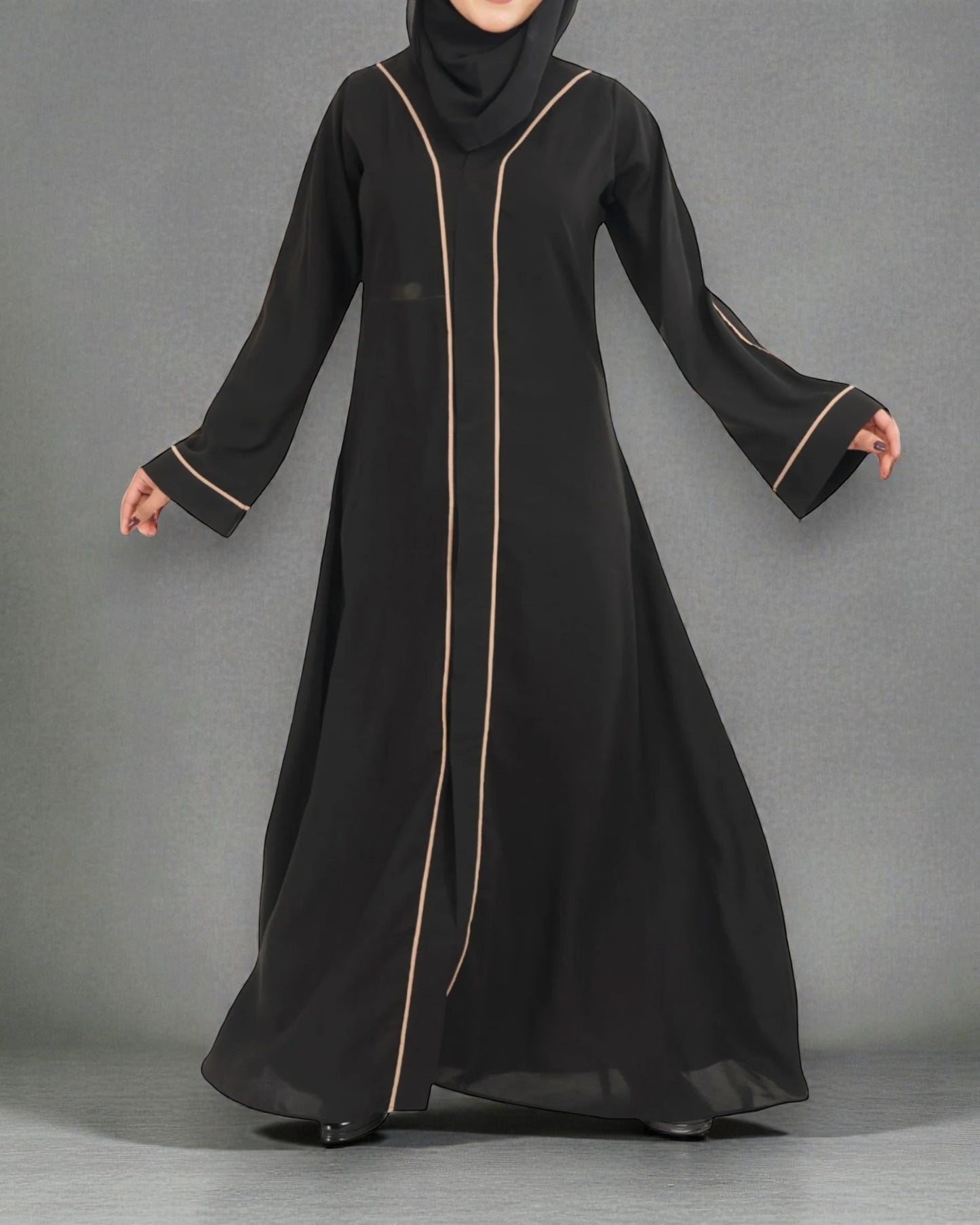 Front Open Abaya in Firdaus Fabric with Contrast Piping, Snap Buttons, Wide Sleeves & V-Neck