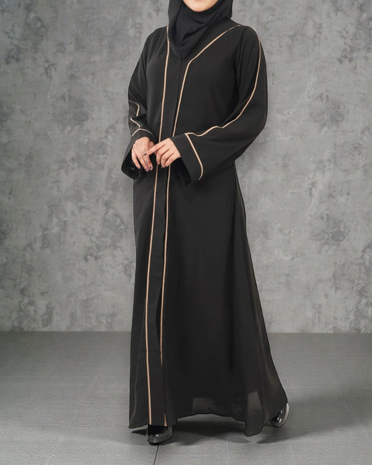 Front Open Abaya in Firdaus Fabric with Contrast Piping, Snap Buttons, Wide Sleeves & V-Neck