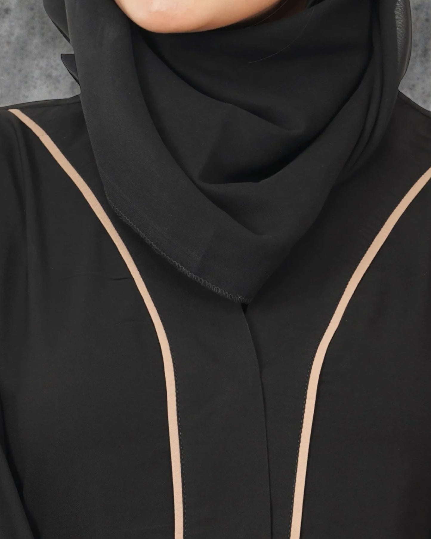 Front Open Abaya in Firdaus Fabric with Contrast Piping, Snap Buttons, Wide Sleeves & V-Neck