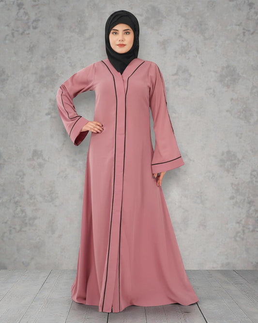 Front Open Abaya in Firdaus Fabric with Contrast Piping, Snap Buttons, Wide Sleeves & V-Neck
