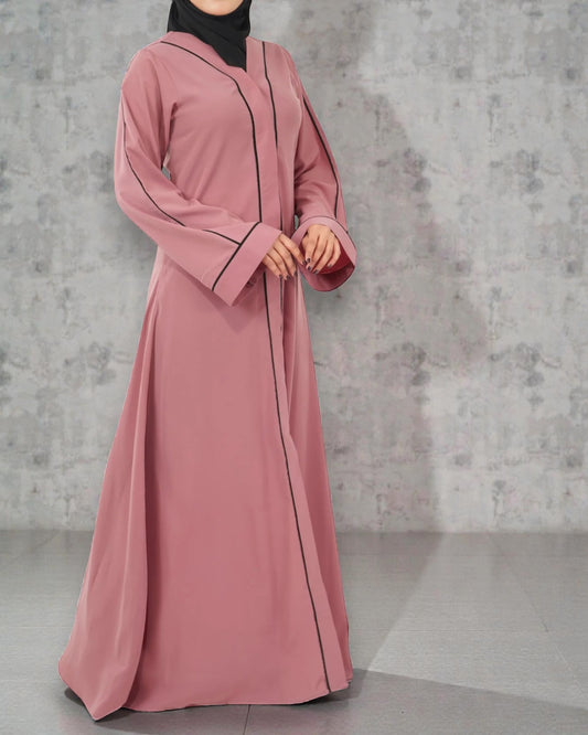 Front Open Abaya in Firdaus Fabric with Contrast Piping, Snap Buttons, Wide Sleeves & V-Neck