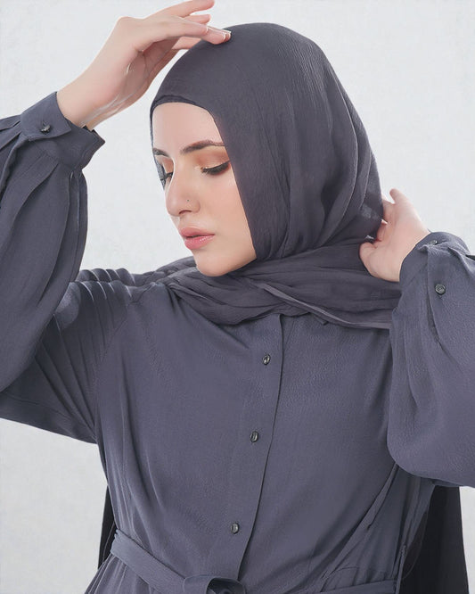 Front Open Firdaus Fabric Abaya Like Dress with Pleated Balloon Sleeves