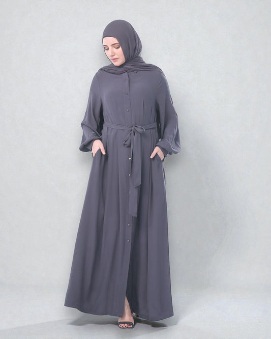 Front Open Firdaus Fabric Abaya Like Dress with Pleated Balloon Sleeves