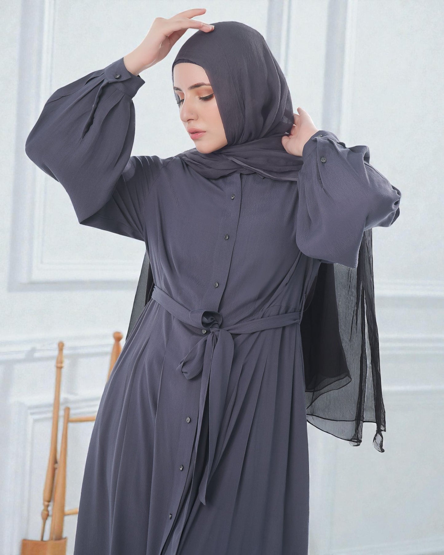 Front Open Firdaus Fabric Abaya Like Dress with Pleated Balloon Sleeves