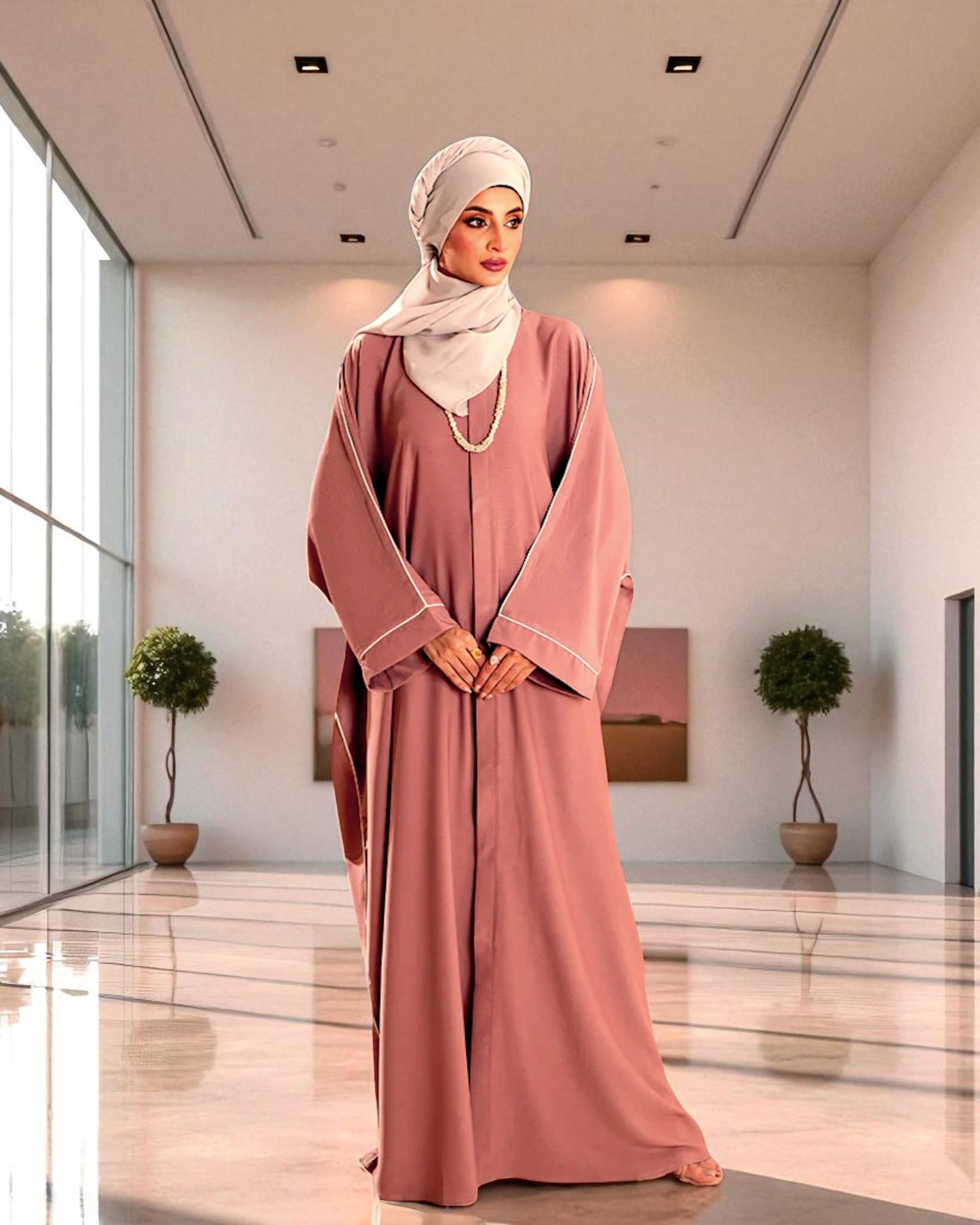 Front Open Abaya with Piping Design - Tiktok Fabric - Wide Sleeves with Contrast Piping - Side Pockets - Complementary Hijab