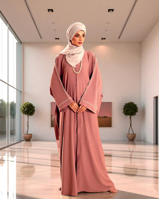 Front Open Abaya with Piping Design - Tiktok Fabric - Wide Sleeves with Contrast Piping - Side Pockets - Complementary Hijab