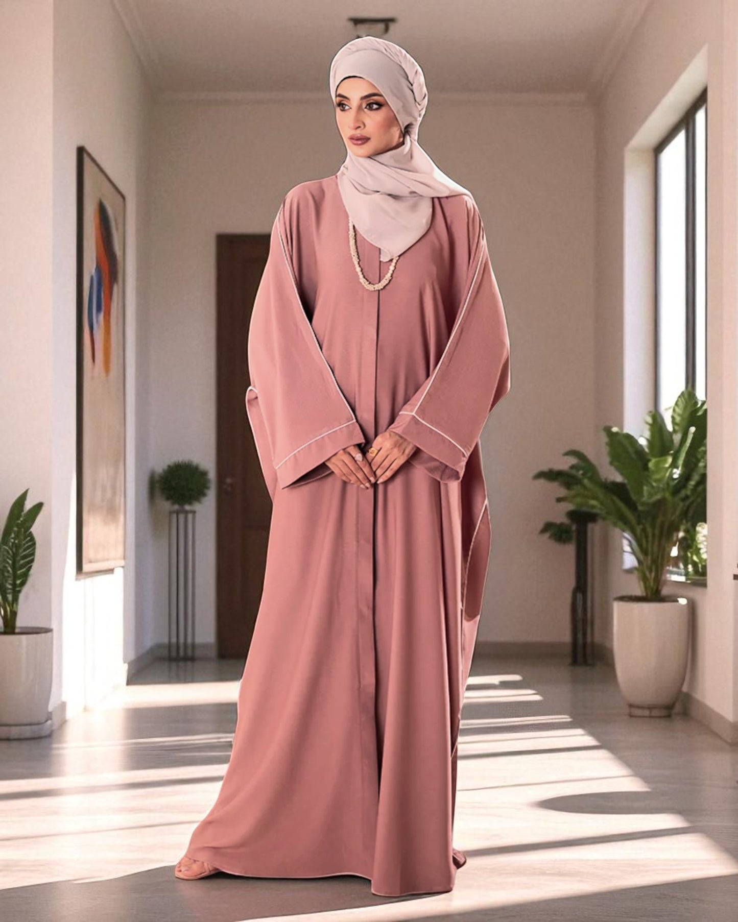 Front Open Abaya with Piping Design - Tiktok Fabric - Wide Sleeves with Contrast Piping - Side Pockets - Complementary Hijab