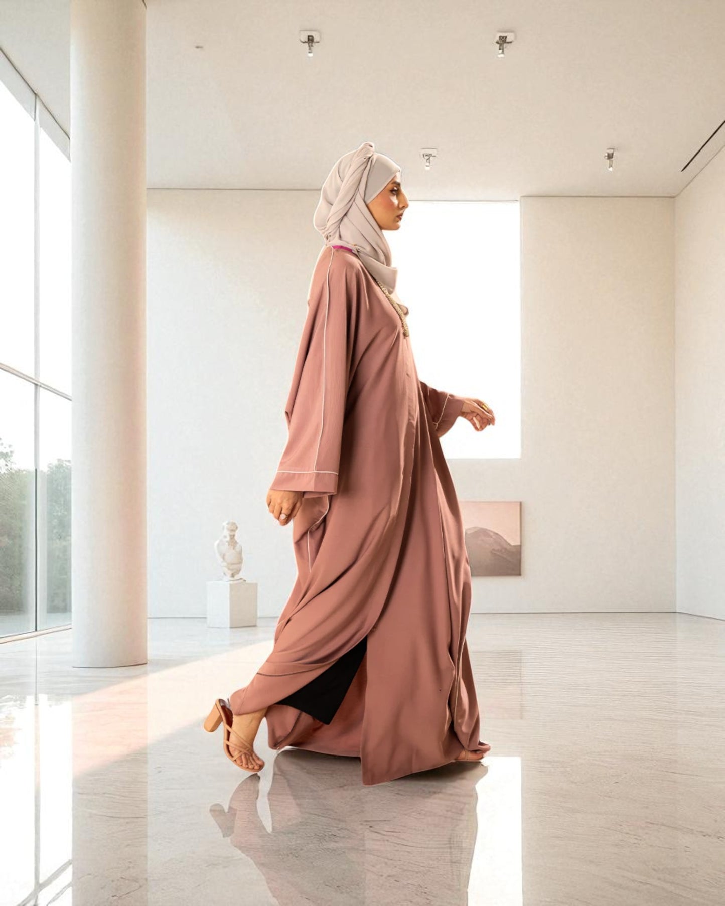 Front Open Abaya with Piping Design - Tiktok Fabric - Wide Sleeves with Contrast Piping - Side Pockets - Complementary Hijab