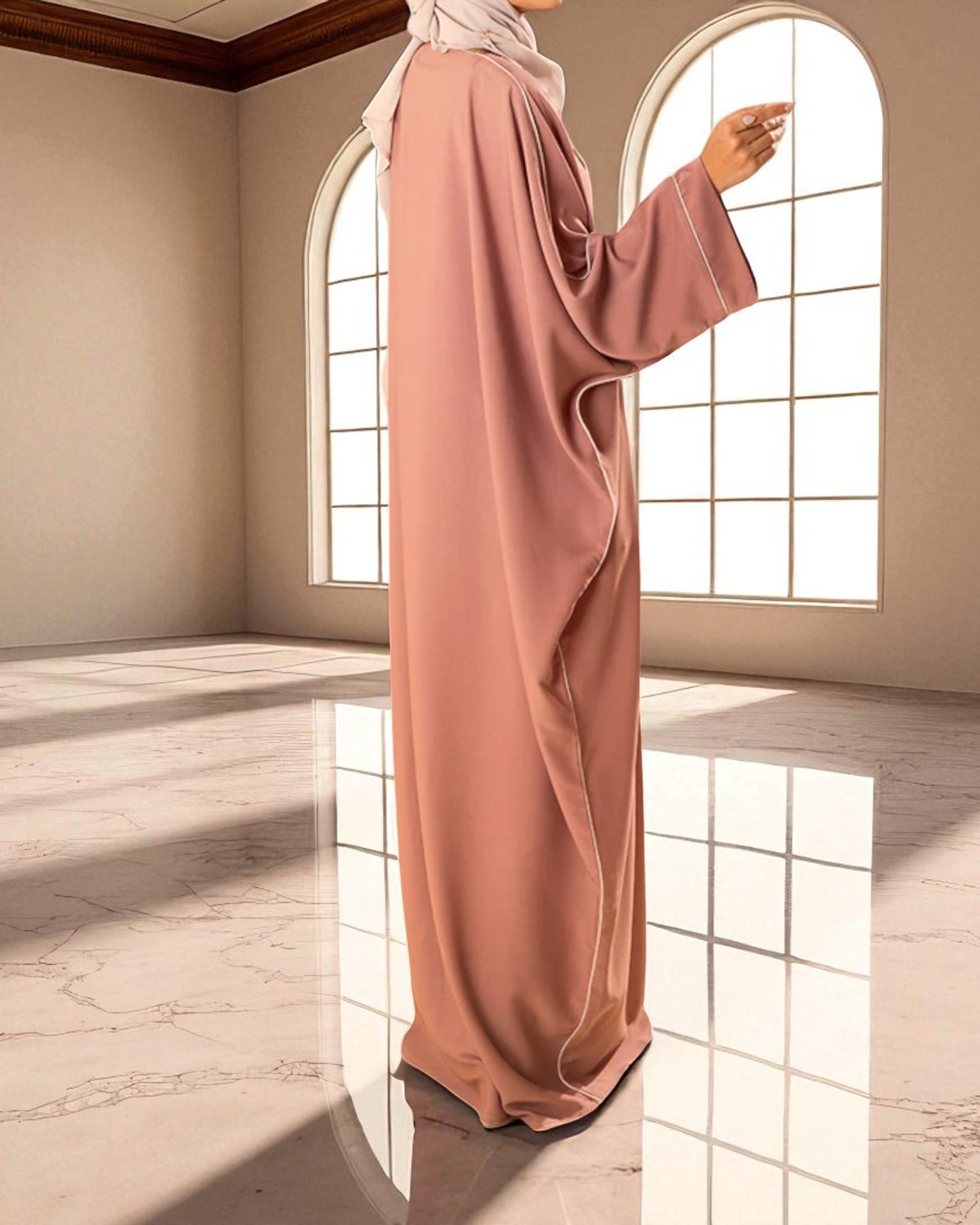 Front Open Abaya with Piping Design - Tiktok Fabric - Wide Sleeves with Contrast Piping - Side Pockets - Complementary Hijab