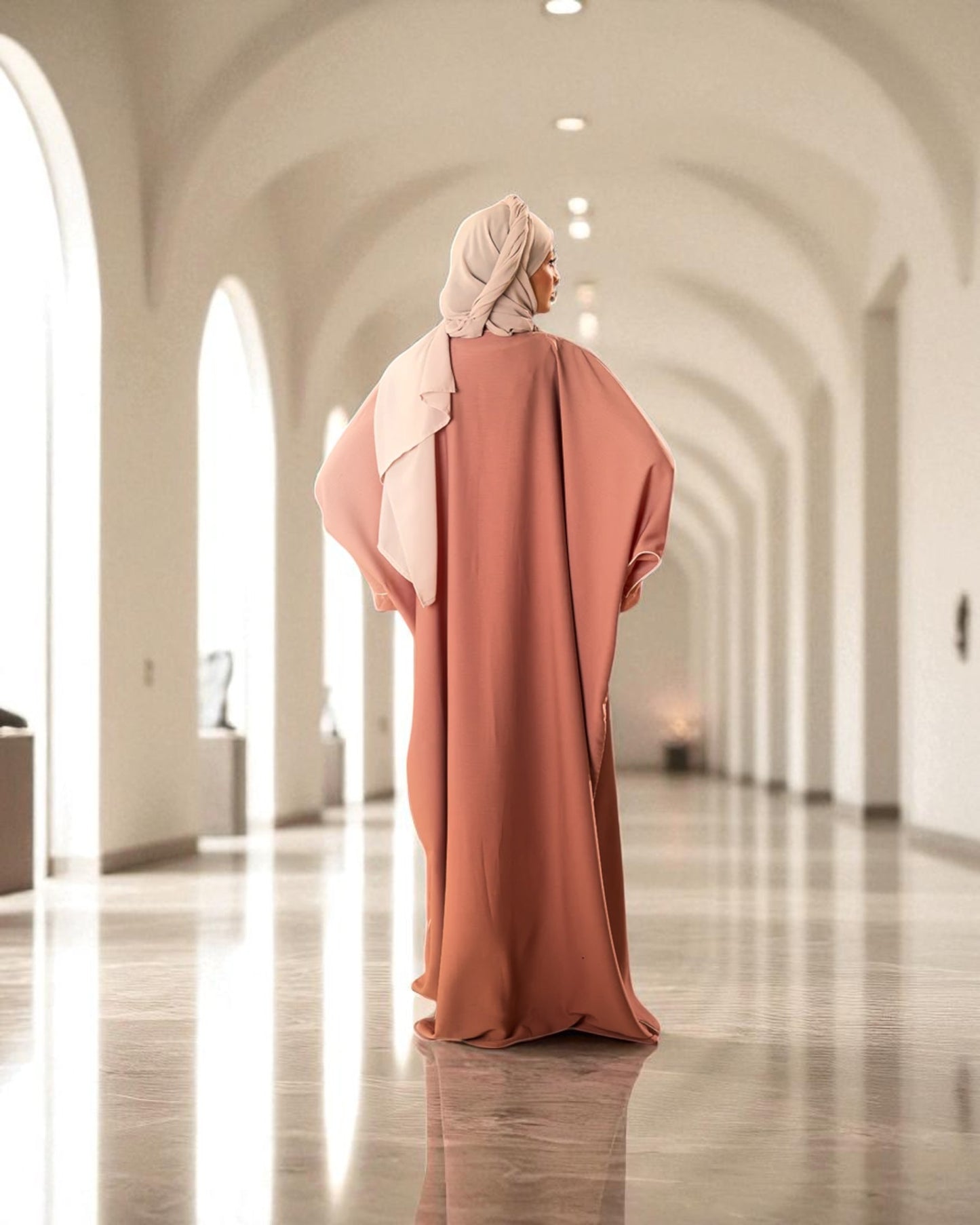 Front Open Abaya with Piping Design - Tiktok Fabric - Wide Sleeves with Contrast Piping - Side Pockets - Complementary Hijab
