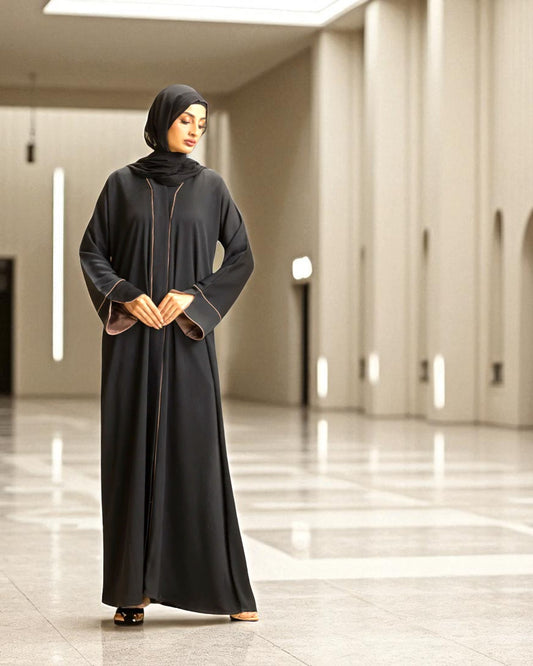 Front Open Abaya with Piping Design - Zoom Crush Fabric - Designer Sleeves with Contrast Lining - Side Pockets - Complementary Hijab