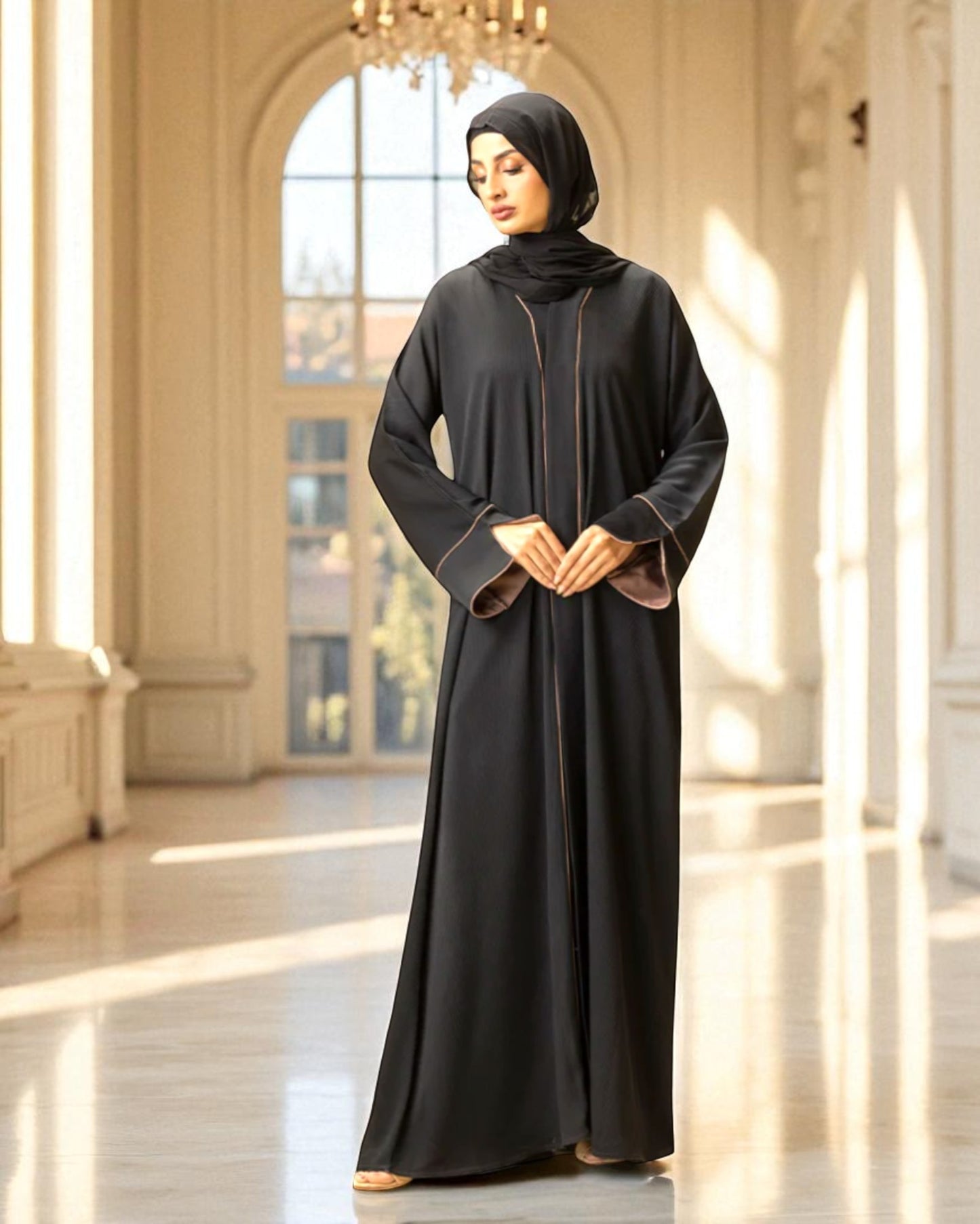 Front Open Abaya with Piping Design - Zoom Crush Fabric - Designer Sleeves with Contrast Lining - Side Pockets - Complementary Hijab