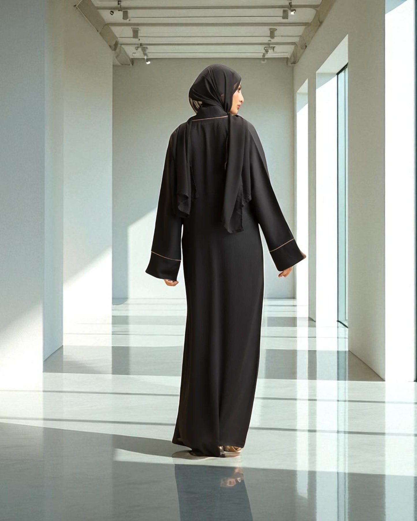Front Open Abaya with Piping Design - Zoom Crush Fabric - Designer Sleeves with Contrast Lining - Side Pockets - Complementary Hijab