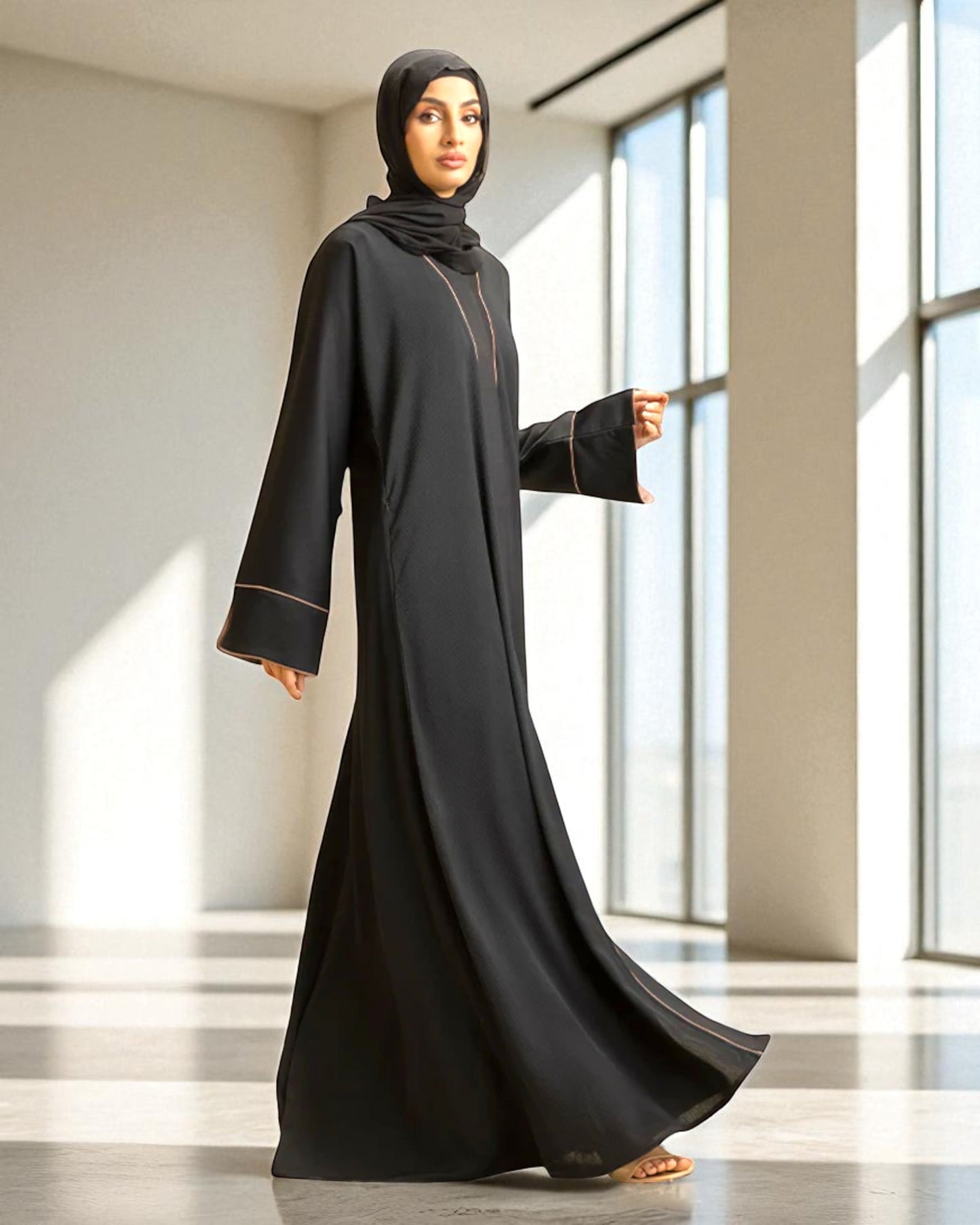 Front Open Abaya with Piping Design - Zoom Crush Fabric - Designer Sleeves with Contrast Lining - Side Pockets - Complementary Hijab