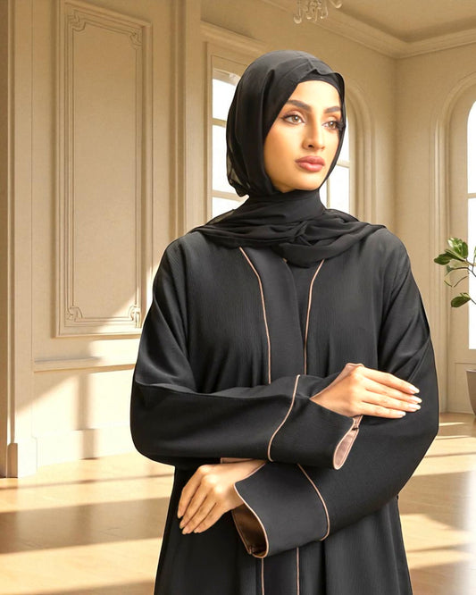Front Open Abaya with Piping Design - Zoom Crush Fabric - Designer Sleeves with Contrast Lining - Side Pockets - Complementary Hijab