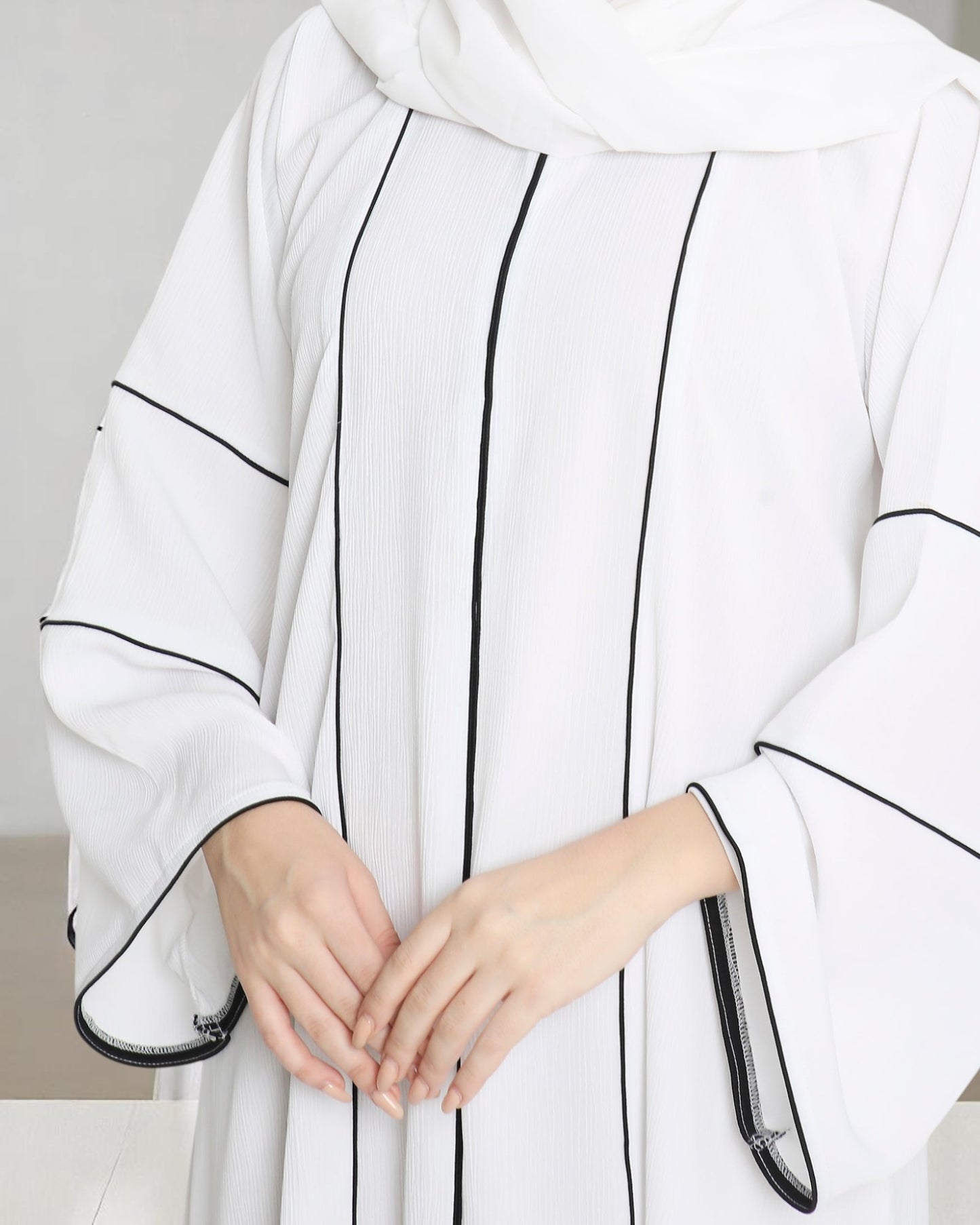 Front Open Abaya in Premium Praada Fabric with Contrast Piping, Wide Sleeves, Pockets & V-Neck