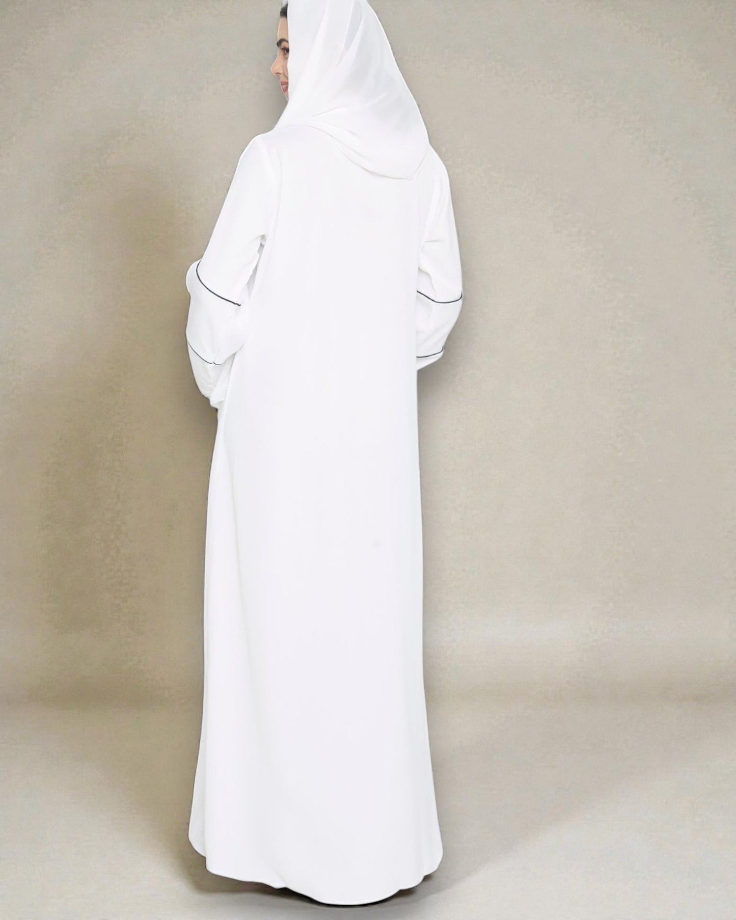 Front Open Abaya in Premium Praada Fabric with Contrast Piping, Wide Sleeves, Pockets & V-Neck