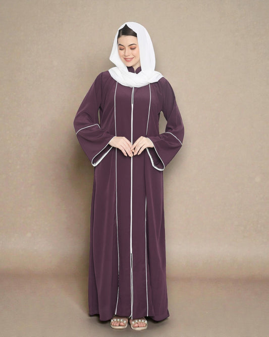 Front Open Abaya in Premium Praada Fabric with Contrast Piping, Wide Sleeves, Pockets & V-Neck