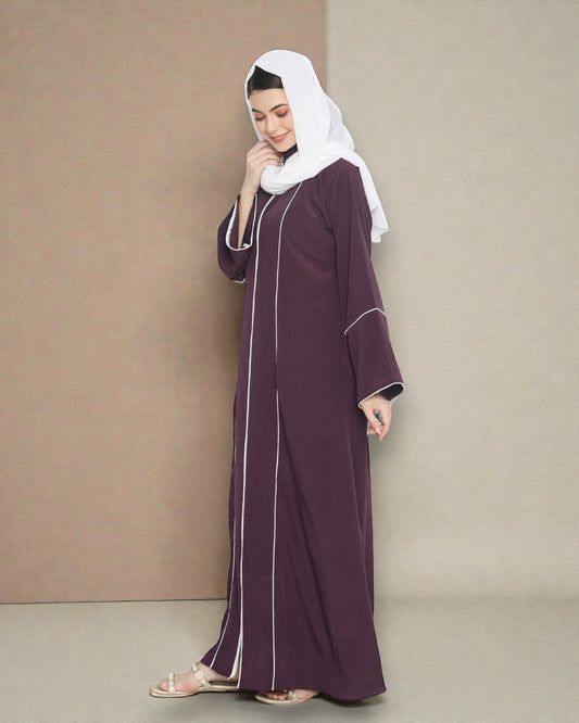 Front Open Abaya in Premium Praada Fabric with Contrast Piping, Wide Sleeves, Pockets & V-Neck
