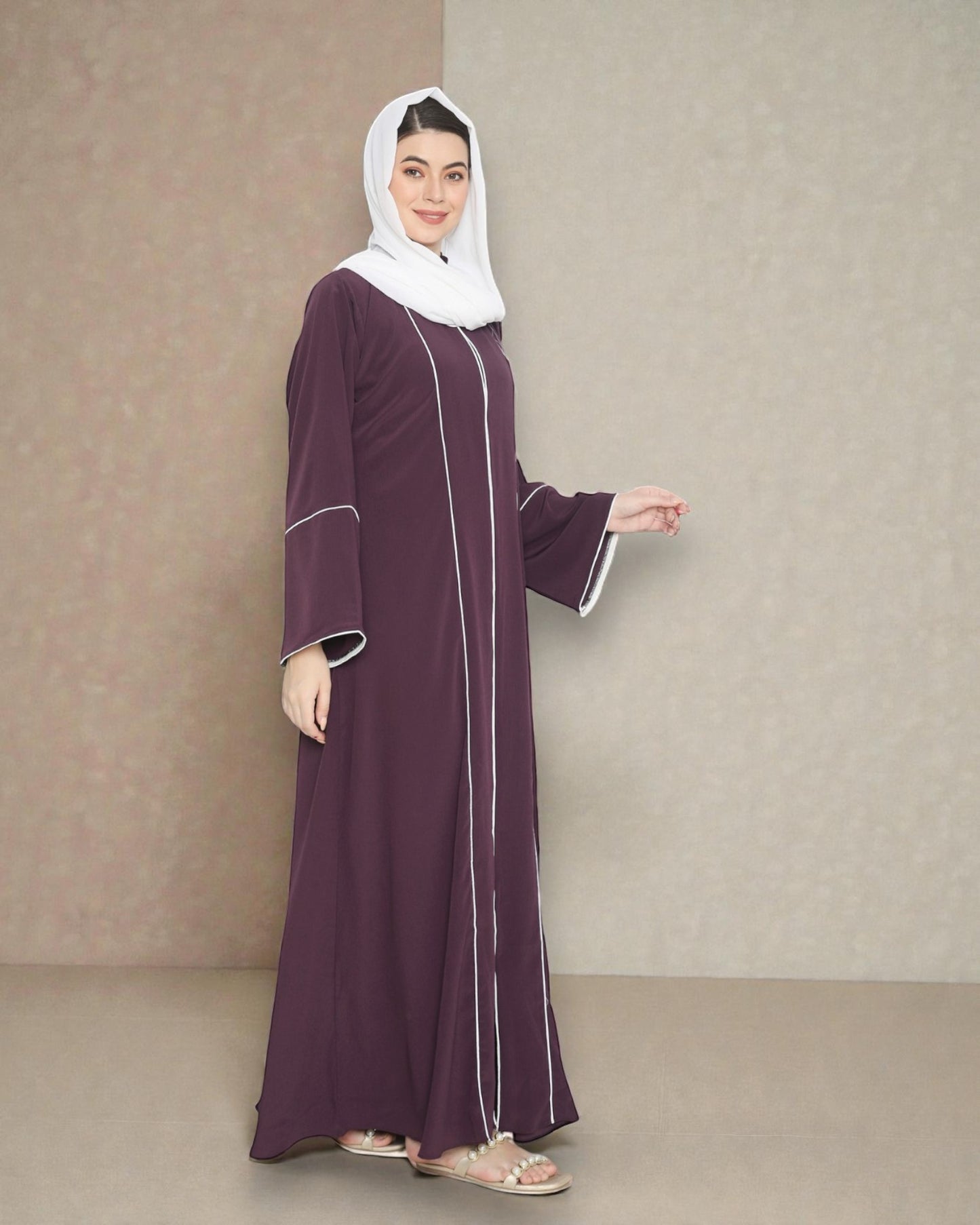 Front Open Abaya in Premium Praada Fabric with Contrast Piping, Wide Sleeves, Pockets & V-Neck