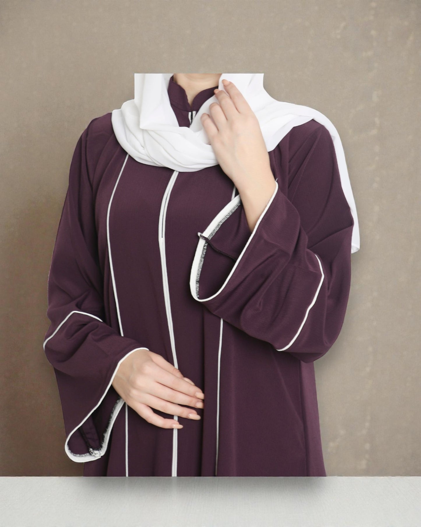 Front Open Abaya in Premium Praada Fabric with Contrast Piping, Wide Sleeves, Pockets & V-Neck